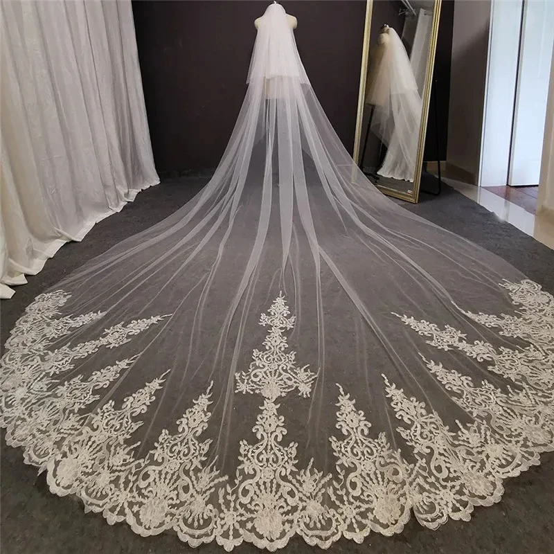 

Ivory 3M Wedding Veils With Lace Applique Edge Long Cathedral Length Veils One Layer Tulle Custom Made Bridal Veil