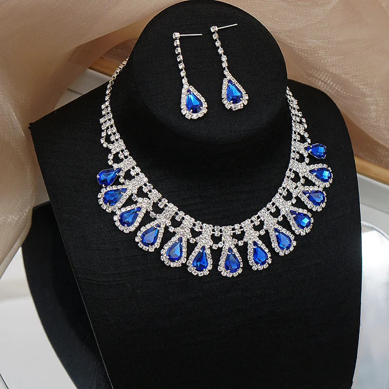 

New Crystal Necklace Earrings Two Piece Full Diamond Exquisite Wedding Dress Necklace Collar Chain Women's Jewelry Wholesale