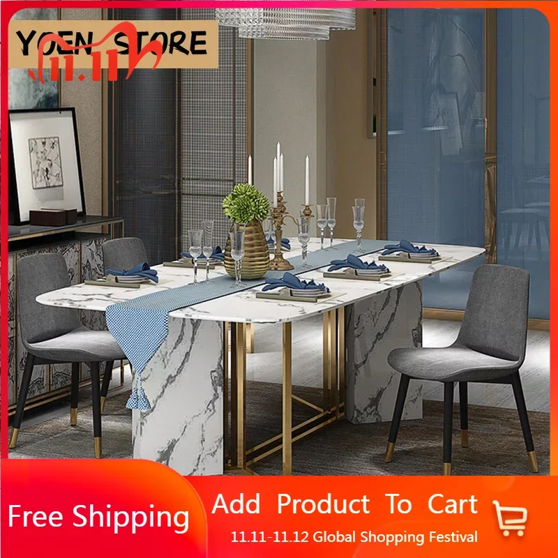 

Postmodern Designer Art Luxury Marble Stone Top Long Dinner Table And Chairs For 3-4 People Minimalist Small Apartment