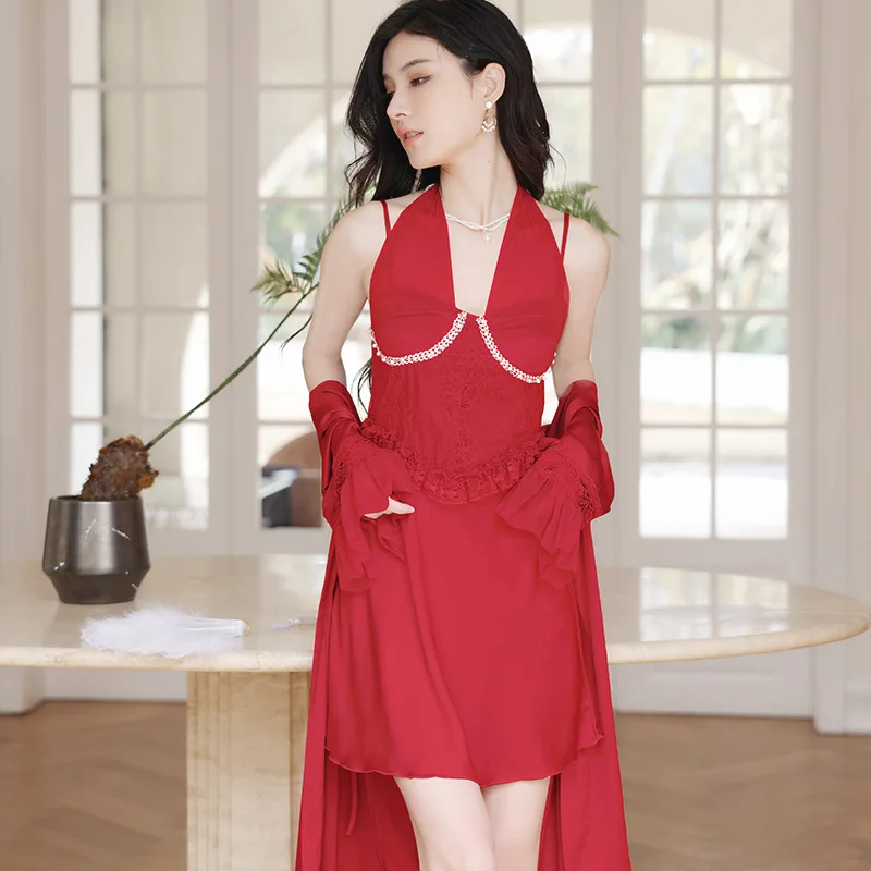 

Пикантная женская ночная рубашка и халат, ночная рубашка, одежда для сна, кружевная ажурная ночная рубашка, повседневный Атласный халат, кос...