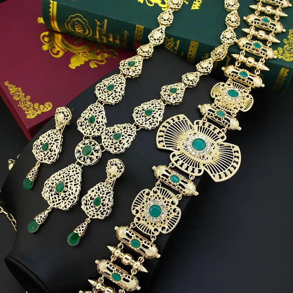 

Sunspicems шикарные национальные Свадебные ювелирные изделия невесты золотого цвета Марокко Bijoux длинные висячие серьги ожерелье с поясом Caftan а...