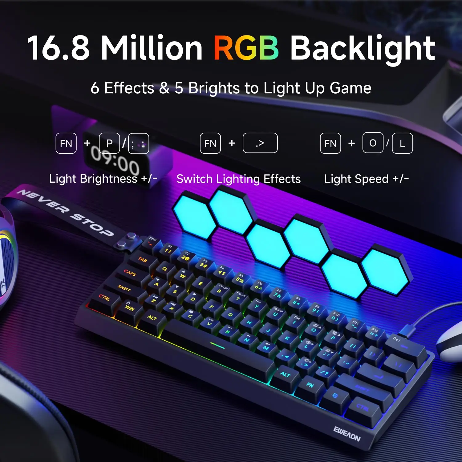 Фото EWEADN F61 Проводная бесшумная офисная клавиатура с раскладкой 61 клавишей RGB-подсветка Эргономичный дизайн Компактный и легкий порт Type-C №4