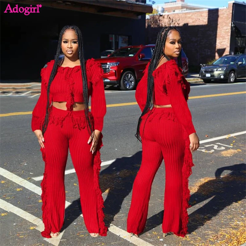 

Женский трикотажный комплект из двух предметов Adogirl, однотонный укороченный топ с длинным рукавом и прямые брюки с высокой талией, уличные костюмы в рубчик