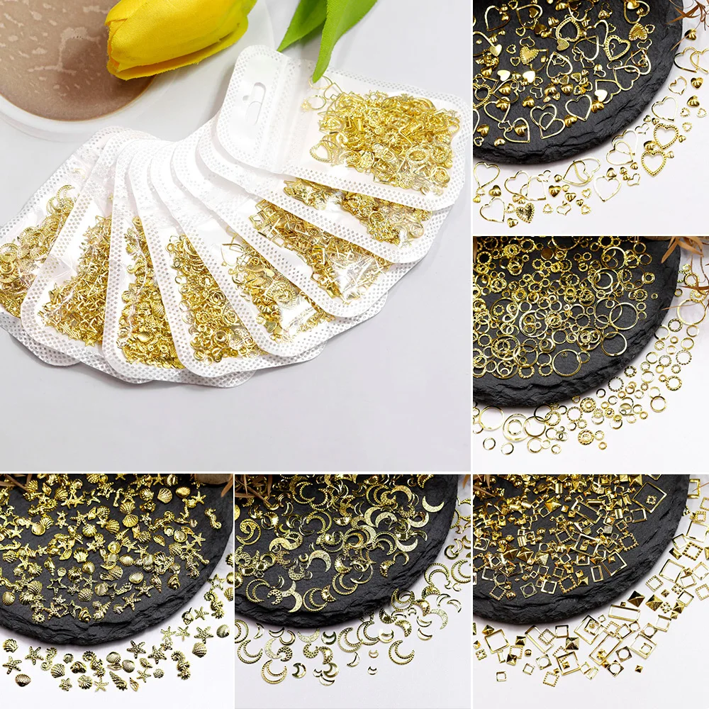 

10G Metal Rivet Nail Art Decoration Studs Mixed Design Stars Moon Gold Silver Strass Jewelry DIY 3D Charms Accessories Supplies