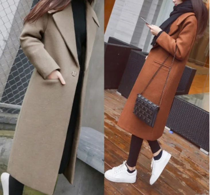 

2022 Women's New Autumn and Winter New Lapel Solid Woolen Coat Women's Commuter Medium Long Loose Women's Coat