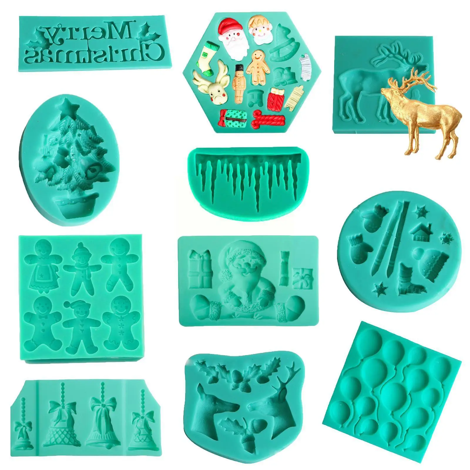 

Christmas Cake Silicone Mold Elk Pine Cone Snowflake Fondant Mold Printed Chocolate Biscuit Cake Silicone Tool Decorating B W7d2