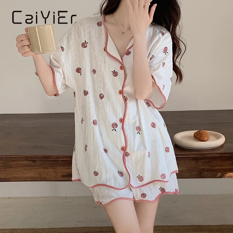 

CAIYIER Sweet Strawberry Girls Nightwear Cardigan Short Sleeve Shorts Sleepwear Suit Ladies Cute Korean Homewear Summer Pyjamar