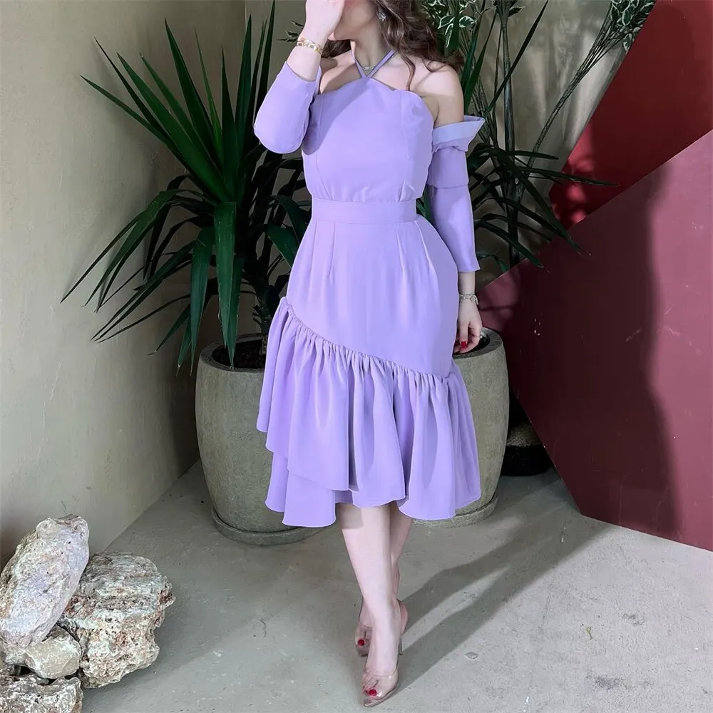 

Sayulita Vestidos De Gala Party Gowns Halter Long Sleeves Prom Dresses Zipper Back Ruched Tiered Short Cocktail Club Dress