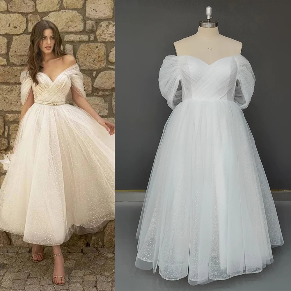 

Блестящее Тюлевое свадебное платье на шнуровке с открытыми плечами, короткое платье по индивидуальному заказу длиной ниже колена, пышное П...