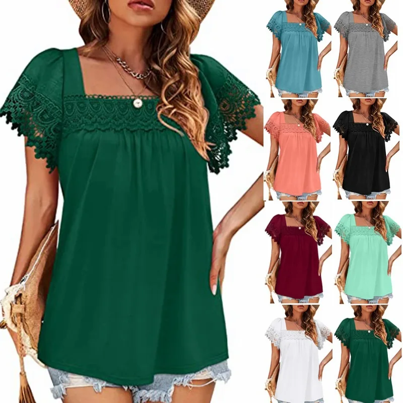 

2023 New Summer Women Clothes Fashion Shirts for Women Square Neck Lace Patchwork Short Sleeve Casual T Shirt Women Crop Top