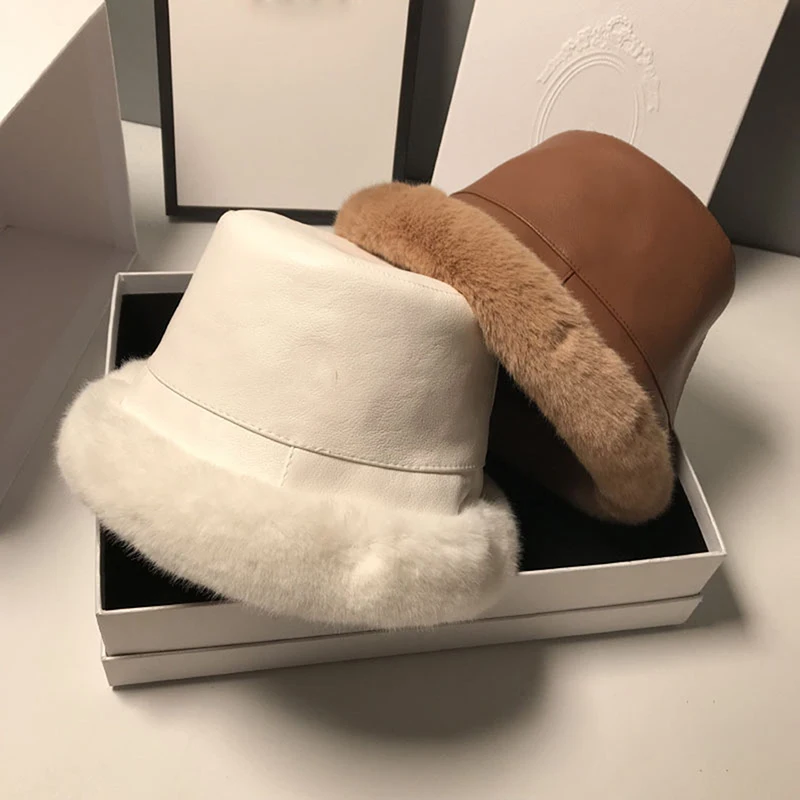 

Winter Fur Bucket Hat For Women Fashion Faux Leather Thickene Plush Warm Fisherman's Cap Casual Flat Basin Hat