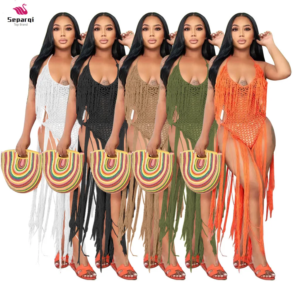 

Летняя вязаная крючком пляжная одежда с кисточками, Цельный купальник, сексуальная женская одежда для отдыха, однотонный открытый купальник с лямкой на шее и открытой спиной