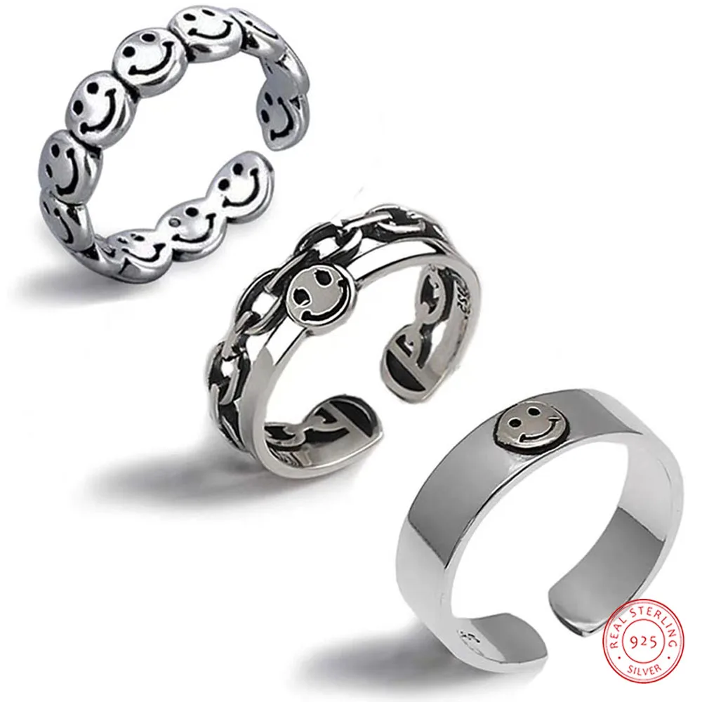 

925 Sterling Silver Ring For Women Smiley Ring Opening Adjustable Ring S925 Fashion Smiley Three Piece Jewelry Gifts Wholesale