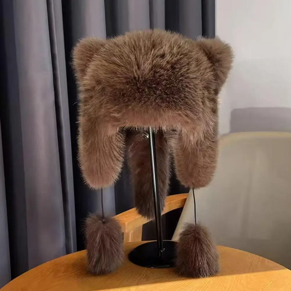 Beer Oor Pluizige Faux Bont Muts Voor Women Luxe Pluche Oorflappen Кепка Зимняя терма Mutsen ‬erming Met Harige Bal