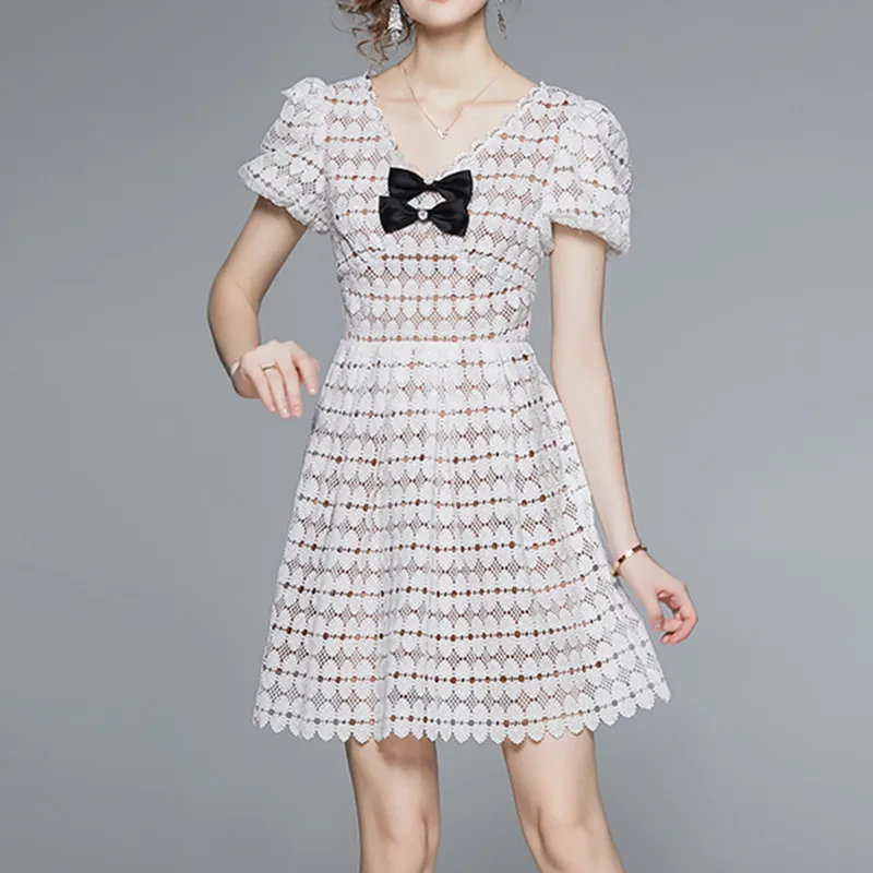 

New White Sweet Lace Patchwork Puff Short Sleeve Bow V-Neck Vestidos Summer High Waist Elegant Hollow Out Women Mini Dress