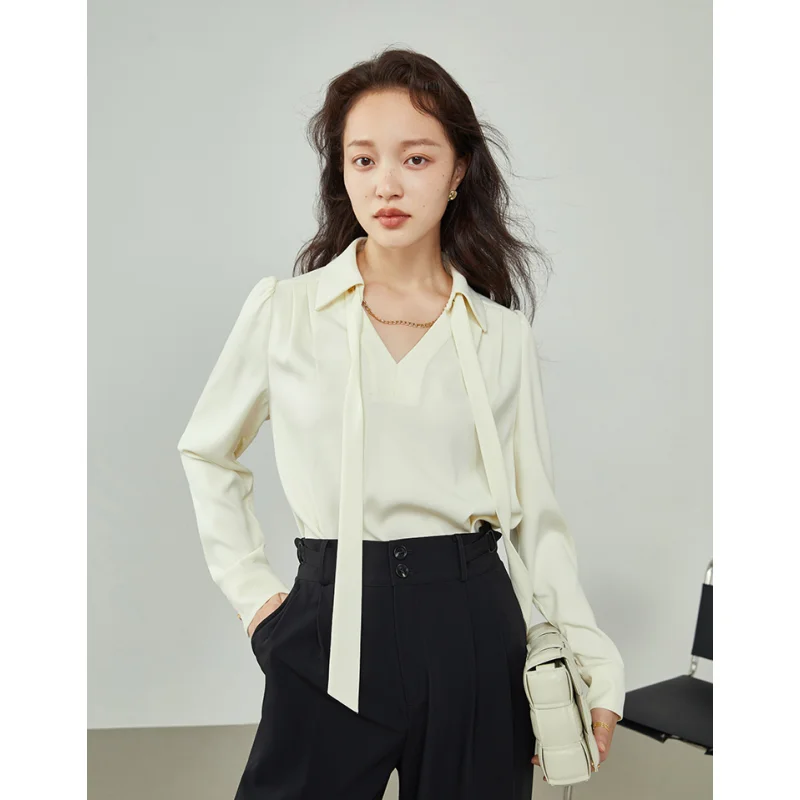 

Женская рубашка Весенняя желтая рубашка с галстуком модная винтажная для отдыха Новинка 2023 Женская шикарная Удобная Повседневная Блузка с ...
