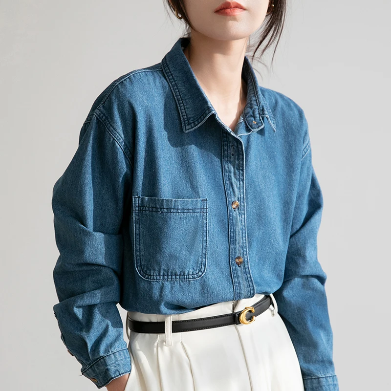 

Casual Denim Women's Shirts 2023 Spring Autumn New Solid Blouses Loose Long Sleeve Top Ladies Polo Neck Clothing YCMYUNYAN