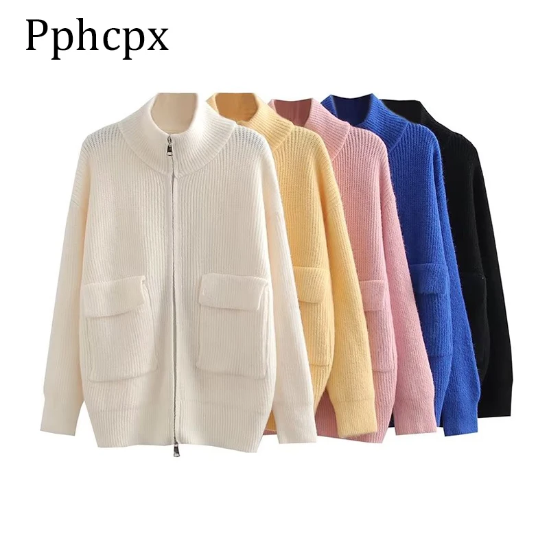 

Pphcpx 2022 Women Fashion Cardigan Sweater Solid Long Sleeve with Pockets O-Neck Knit Sweaters Ladies Warm Loose Cardigan Coats