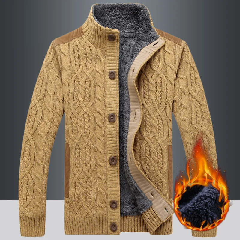 New Fashion Winter Cardigan Men Patchwork Fleece Wool Liner Warm Knitted Wear Single Breasted Thick Sweater Men