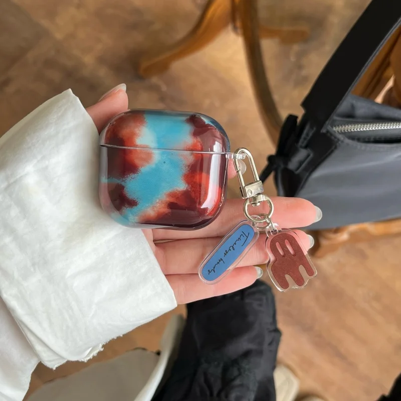 Портативный сине-коричневый чехол для наушников с янтарным узором и крючком Apple