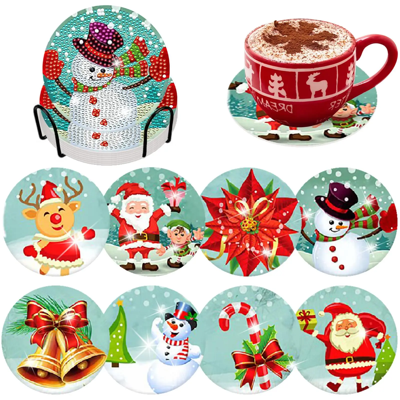 

8 Pcs Christmas Diamond Art Painting Coasters Kits with Holder DIY Christmas Snowman Santa Diamond Art Coaster Non Slip Coaster