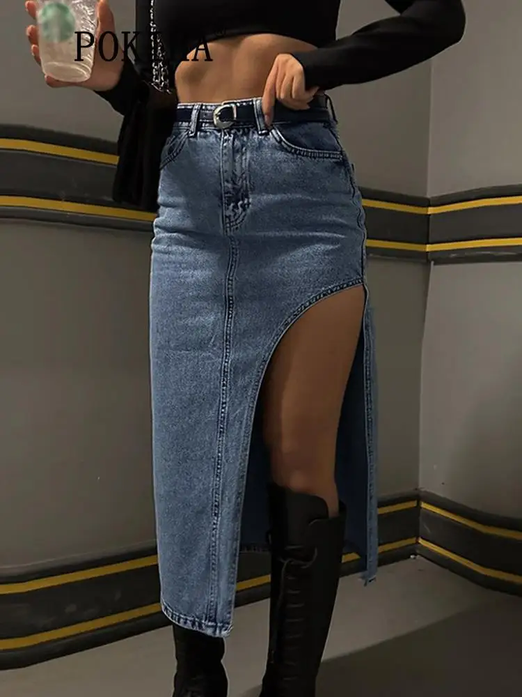 

Юбка Pokiha Женская средней длины с разрезом сбоку, Элегантная Модная Джинсовая офисная синяя юбка с высокой талией, на весну-лето, 2023