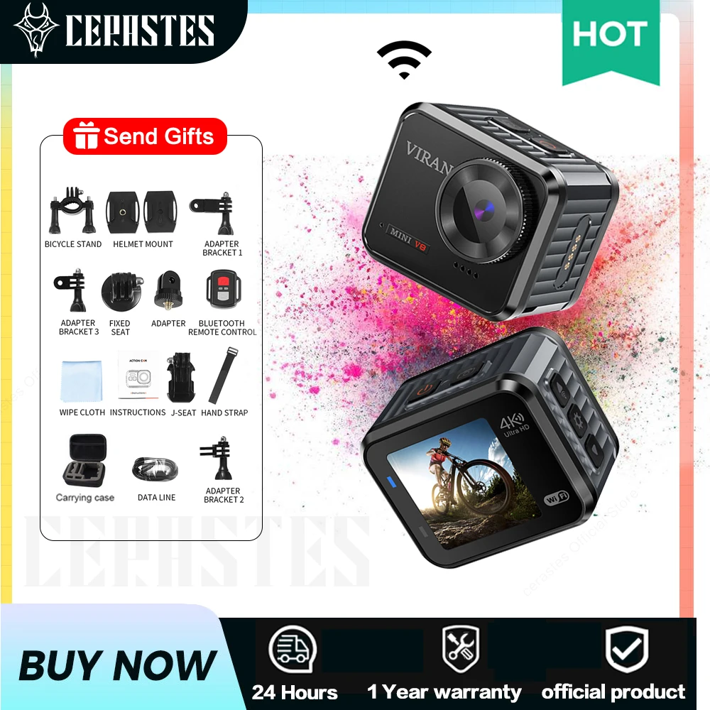 CERASTES Mini 4K/60fps 30FPS HD Экшн-камера 20MP WiFi 170D 10M Корпус Водонепроницаемый шлем Камеры для записи видео Спортивная DV Cam