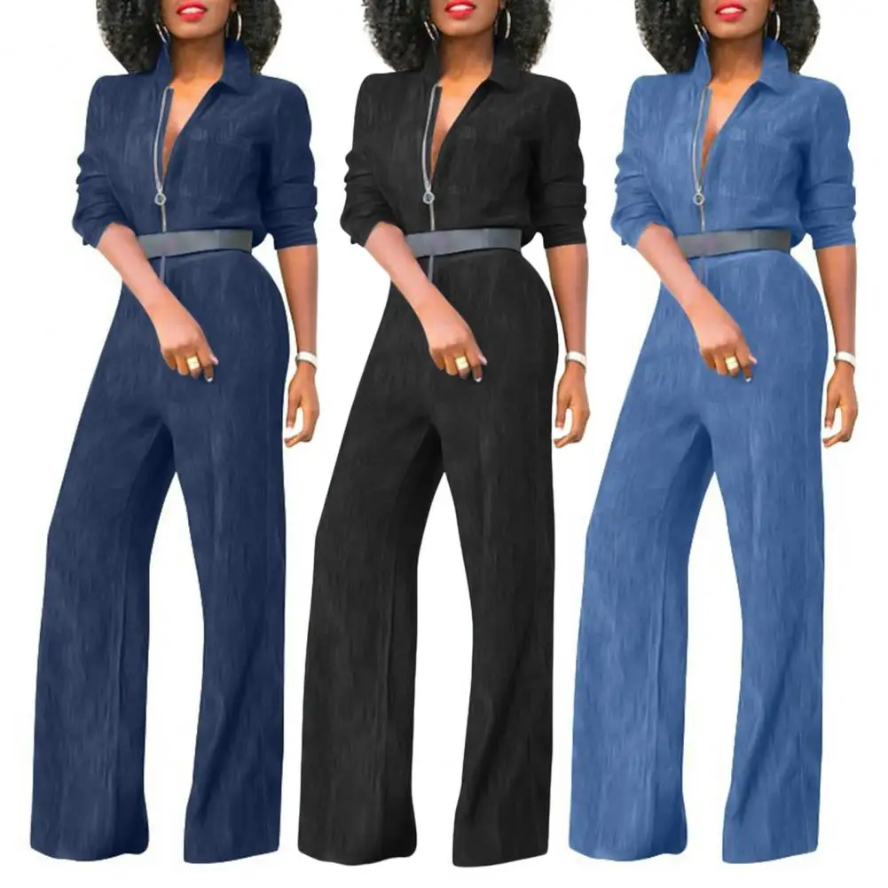 

Women Romper Solid Color Slim Fit Simple Soft Turn-down Collar Long Sleeve Wide Leg Straight Women Jumpsuit Women Clothing