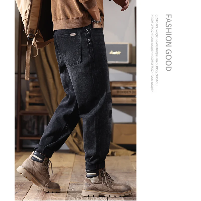 Men Clothing 2022 New Pattern Recreational Black Wide Leg Trousers Straight Cylinder Comfortable Loose Hole Jeans Autumn Female