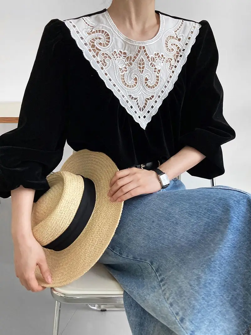 

Женская бархатная блузка в дворцовом стиле, Черная кружевная блузка с рукавами-фонариками в винтажном стиле, Новинка осени 2022