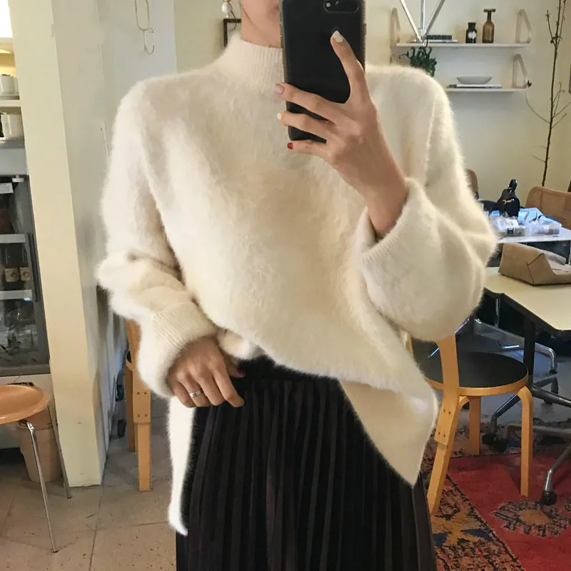 

Женский плотный пуловер из искусственного бархата, однотонный элегантный свитер с воротником средней длины, Осень-зима