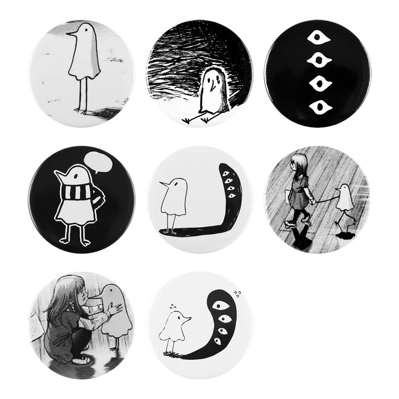 

8 Types Goodnight Punpun Tinplate Pin 44mm Soft Button Brooches Cute Punk Cartoon Badge Tinplate Jewelry for Backpack Clothes