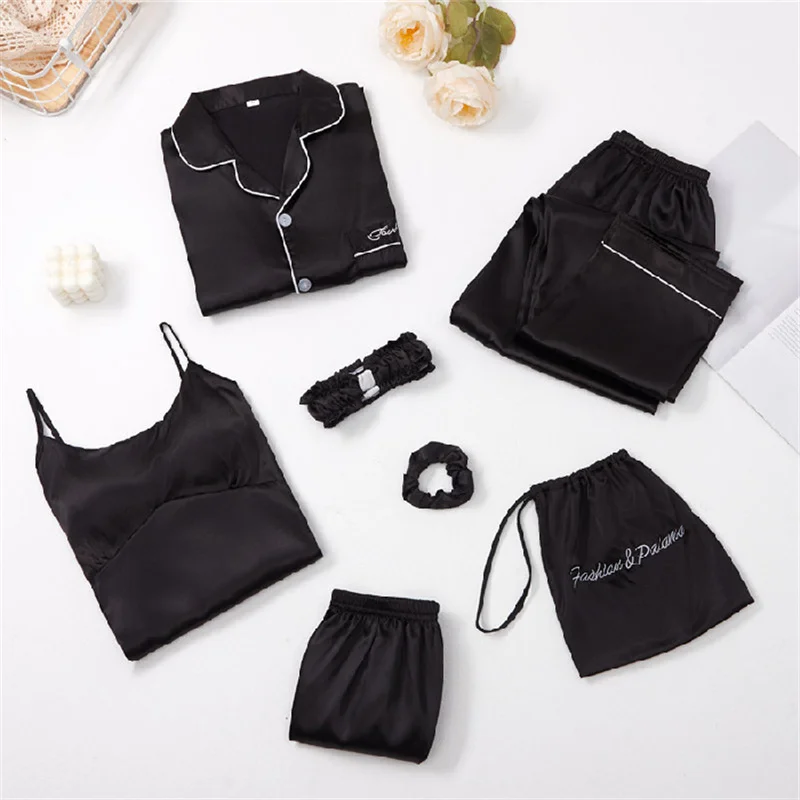 Autumn Full Pajamas Set Sexy Sleepwear Women Pure Black Shirt Sleeve Pyjama Women's Fashion Confortable Homewear Plus Size