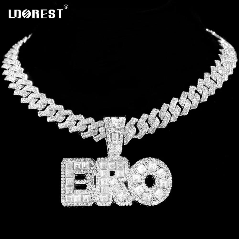 

14MM Prong Cuban Link Chain Hiphop Baguette BRO Letter Pendant Necklace For Men Iced Out Letter Cuban Choker Necklaces Jewelry