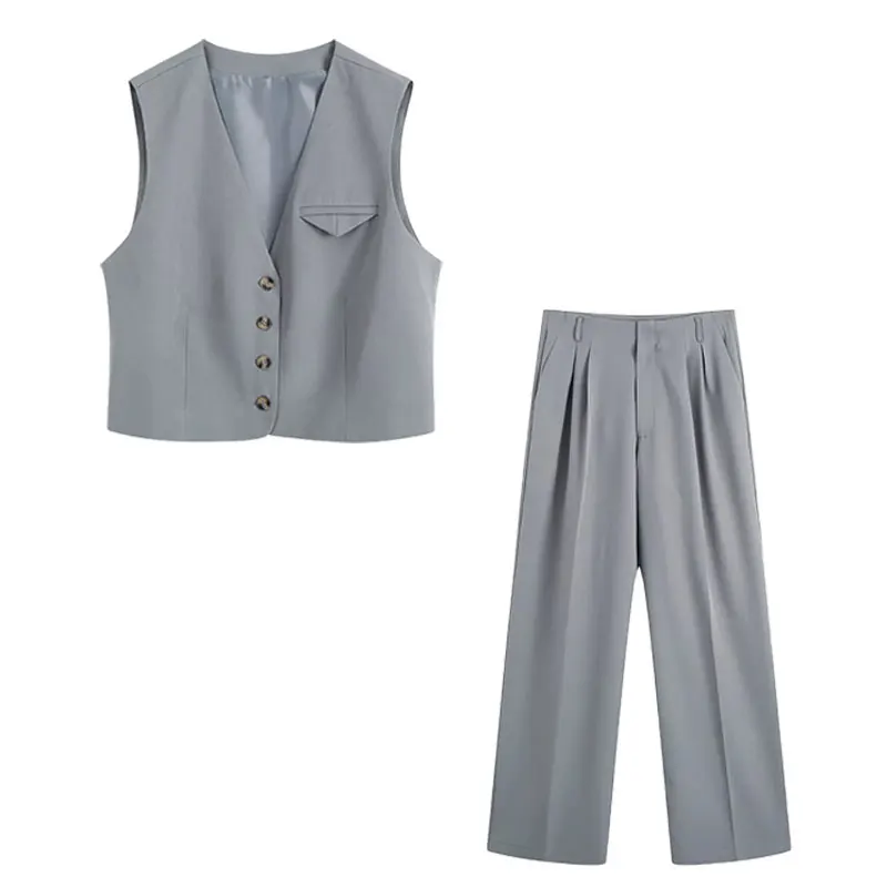 

Women Suit 2022 Fashion Office Simply Single Breasted Vest Jacket Waistcoat Outwear Tops+High Waist Pants Casual 2 Piece Sets