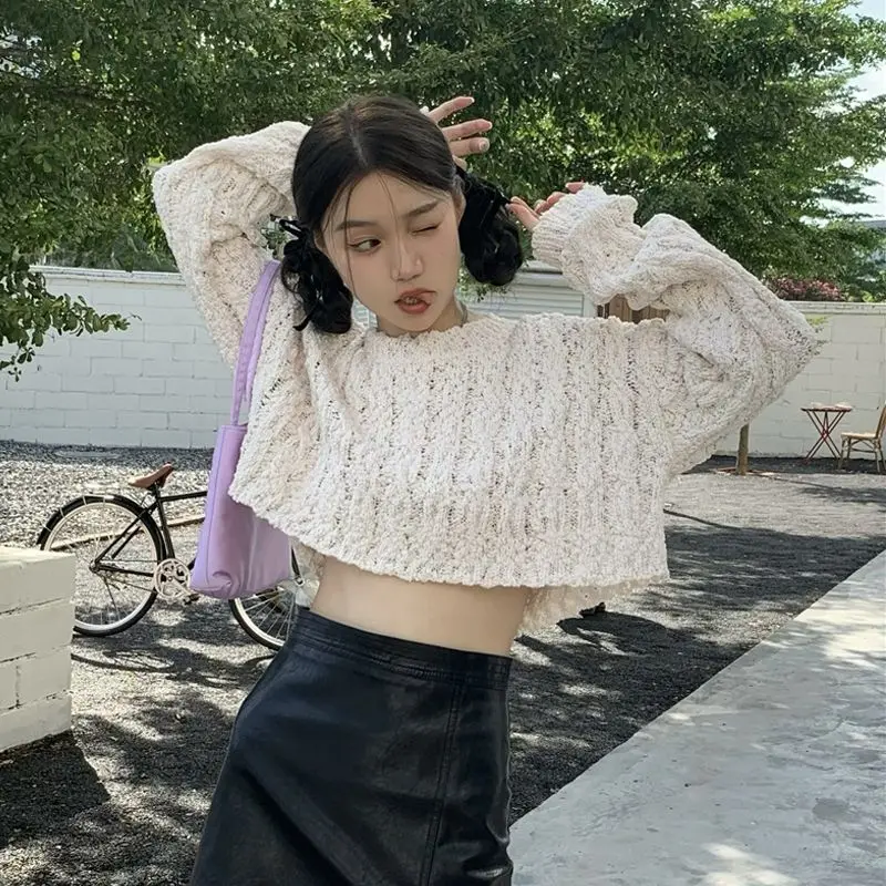 Женский трикотажный свитер с длинным рукавом свободный Однотонный круглым