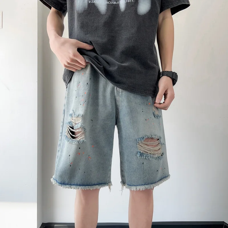 

TFETTERS Brand 2023 Fashion Mens Jeans Shorts Frayed Ripped Mid Rise Splash Ink Mans Denim Shorts Baggy Popular Men Pants Summer