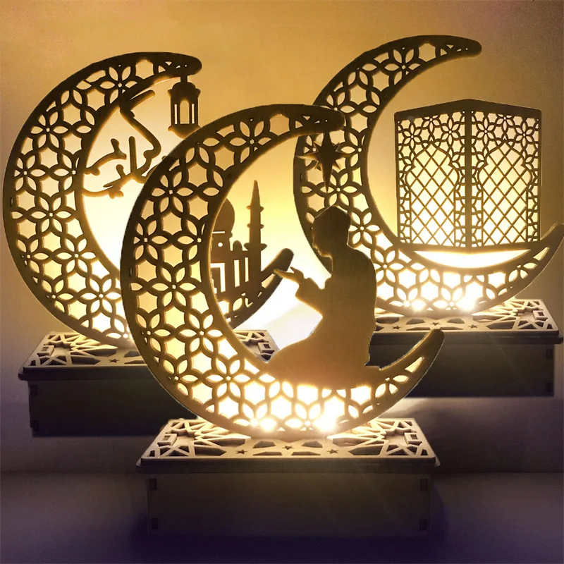 

2022 EID Mubarak Wooden Pendant with LED Light Ramadan Decorations for Home Islamic Muslim Party Eid DIY Decor Kareem Ramadan