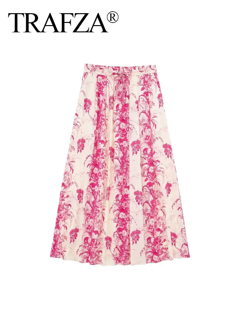 

TRAFZA 2023 Women Chic New Fashion Summer Skirts Print Middle Waist Pleating Lace-up Female Bohemian A-Line Ankle-Length Skirts