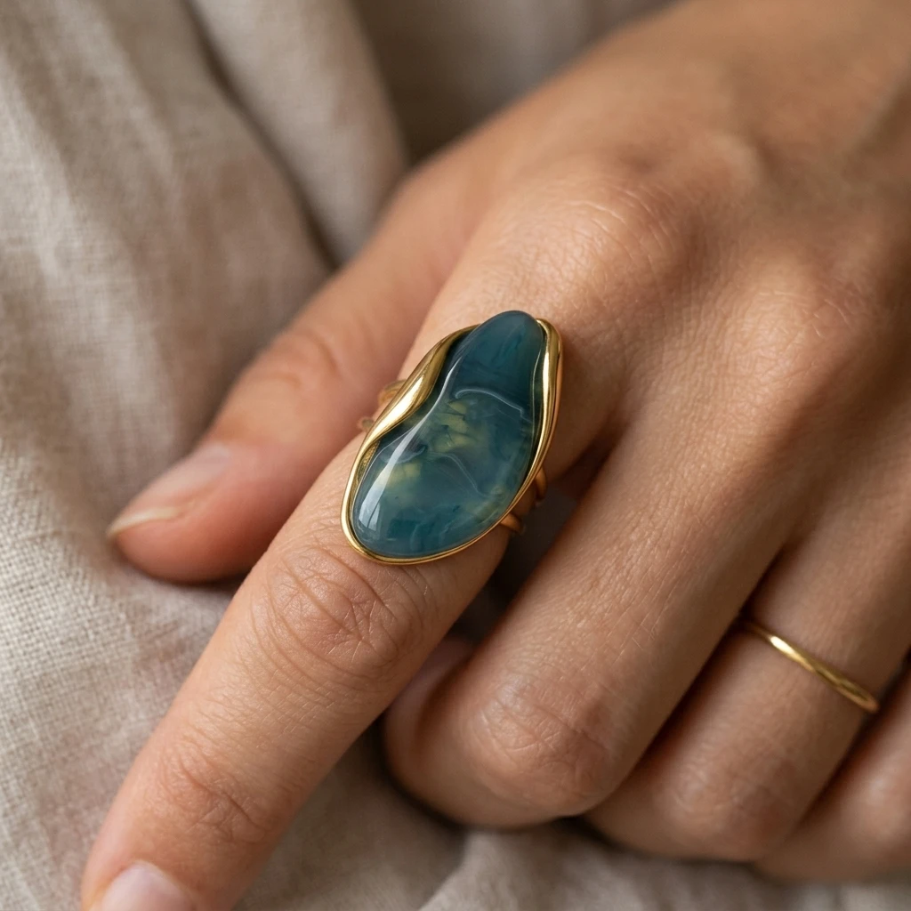 Фото Кольцо Miia Jewelry из нержавеющей стали с 18-каратным золотым покрытием, открытое, регулируемое, нестандартной формы, с цветной смолой, эффектное кольцо для женщин. №2