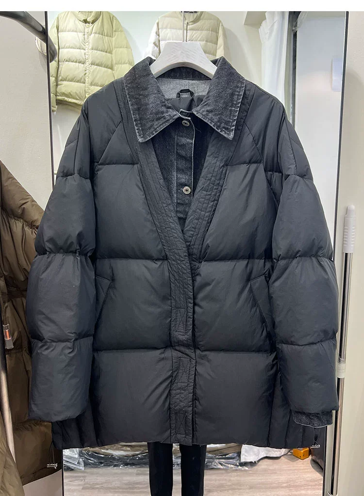 Fashion 2023 Winter Women's New Long Down Jacket, Fake Two-piece Casual Denim Splicing V-Neck Thick White Duck Down Coat