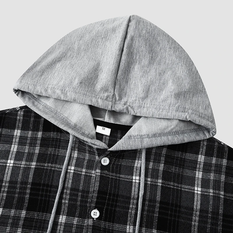 Parklees Casual Hooded Plaid Shirt Men 2023 Spring New Long Sleeve Button Down Shirt Jacket Fashion Drawsting Hoodie Top Unisex