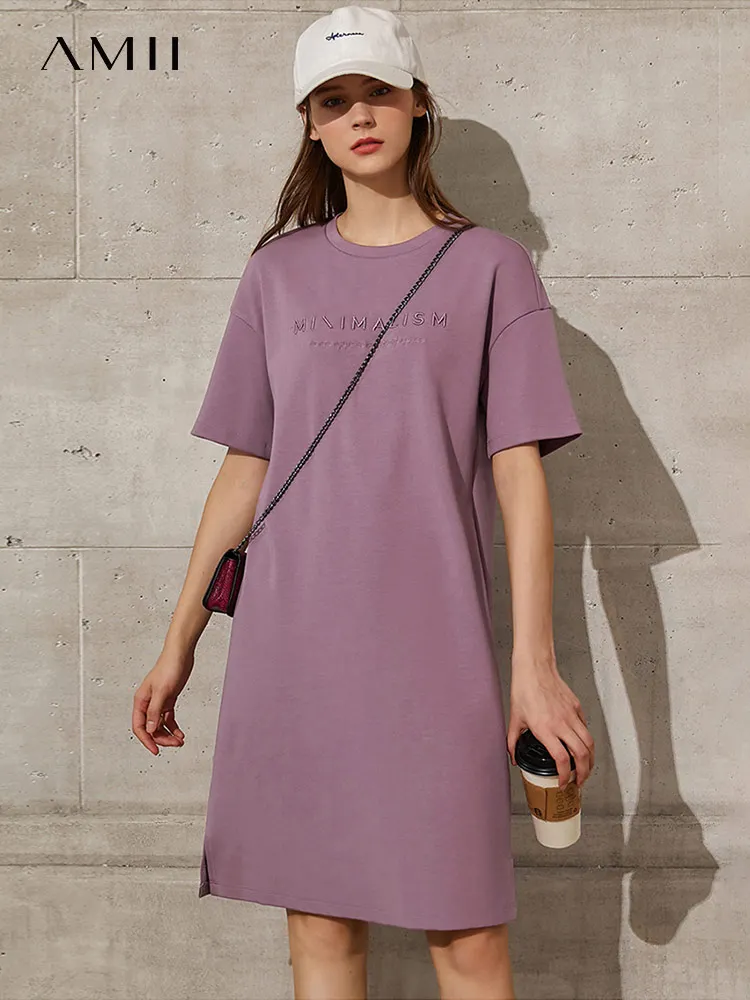 

Amii Minimalism New Causal Dress For Women Offical Lady Oneck Loose Letter Embroidery Aline Women's Summer Dress 12120097