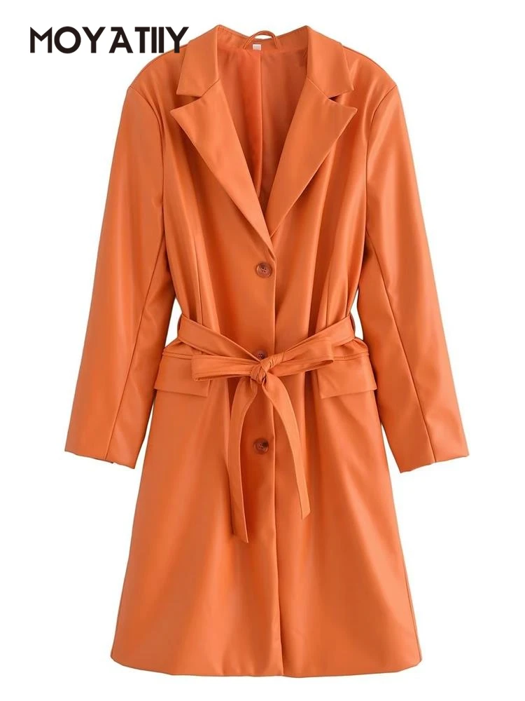 

MOYATIIY Women 2022 Fashion Windbreak Orange Faux Leather Trench Coat with Belt Autumn Elegant Female Outwear