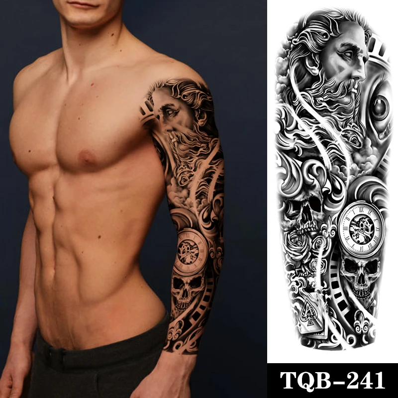 

Large Arm Sleeve Tattoo Clock Solitaire Eye Skull Waterproof Temporary Tatto Sticker God Zeus Body Art Full Fake Tatoo Women Men