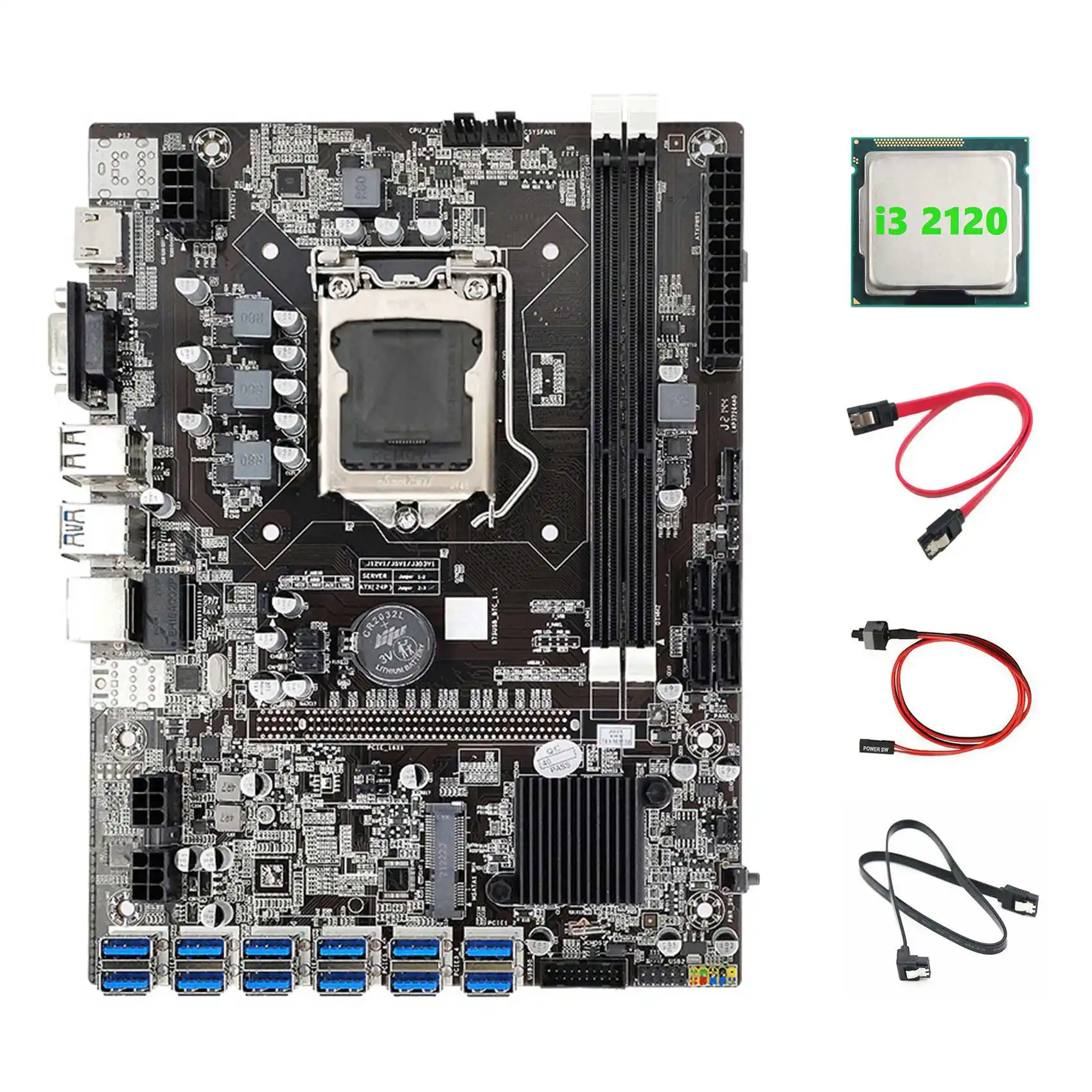 

B75 12USB BTC Mining Motherboard+I3 2120 CPU+2XSATA Cable+Switch Cable 12 PCIE to USB3.0 B75 USB ETH Miner Motherboard