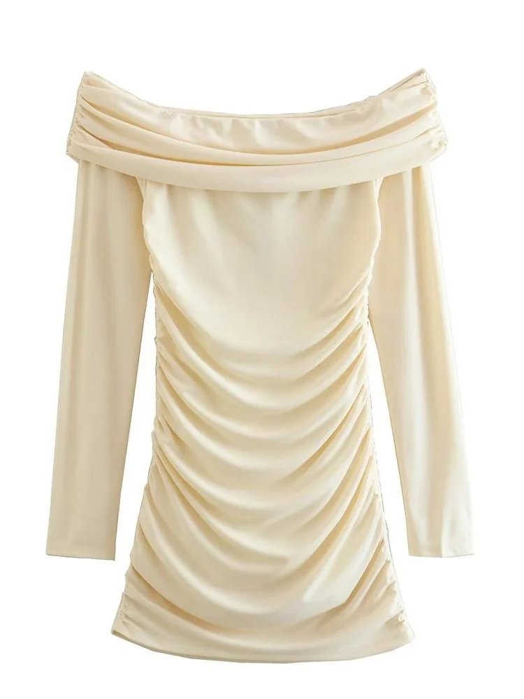

MESTTRAF сексуальный дизайн 2023 модное однотонное с рюшами с открытыми плечами Плиссированное мини-платье винтажные женские платья с длинным рукавом