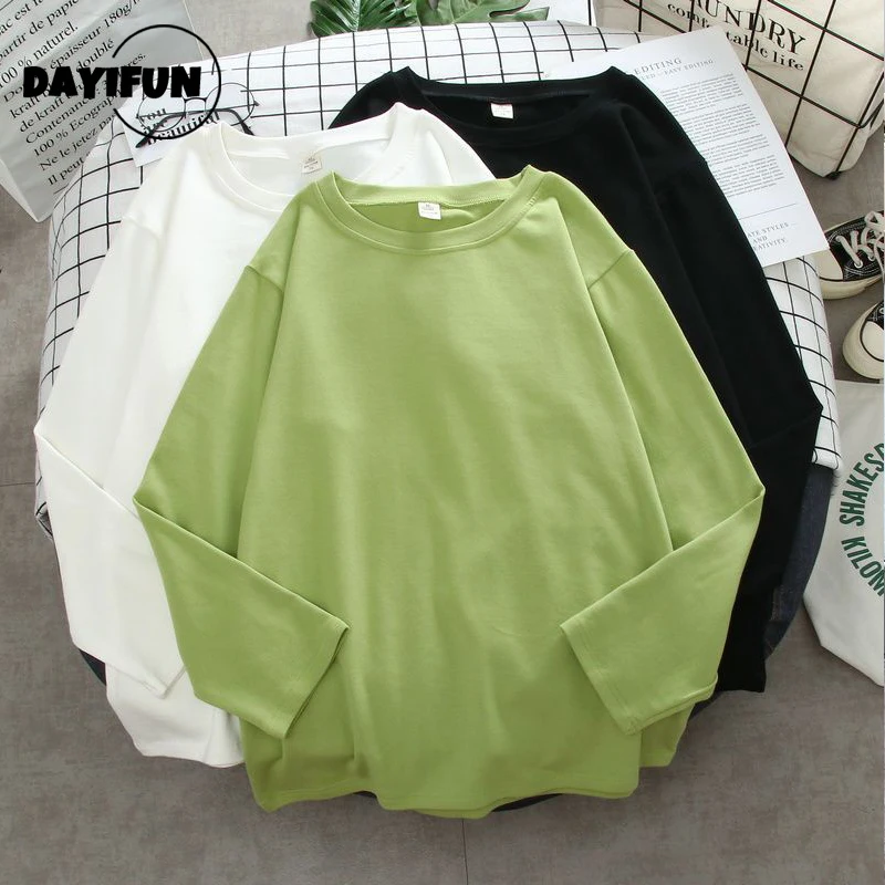 

DAYIFUN Cotton T-shirts Women's O-neck Long-sleeved White Tees 2022 Spring Autumn New Loose Large Size Tshirts Solid Color Tops