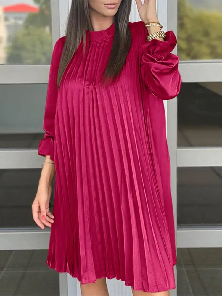 

Женские плиссированные платья ZANZEA сезона весна-лето 2022 года, модные вечерние платья в офисном стиле, повседневное однотонное платье оверса...