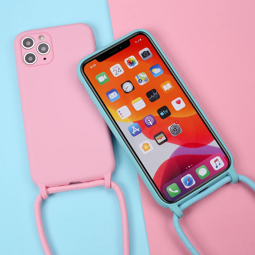 

Original Liquid Silicone Cases For iPhone 13 12 11 Pro XS Max X XR SE2 8 7 Plus 6 Soft Candy Cover+Crossbody Lanyard Neck Strap